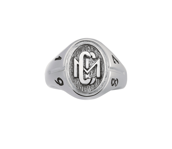 Men's Sterling Silver CMC custom design class ring by AMD Originals with engraved years, front view.