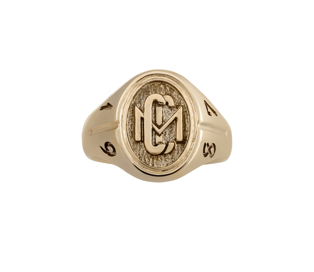 Men's 10k Yellow Gold CMC custom design class ring by AMD Originals with engraved 1987 year, front view.