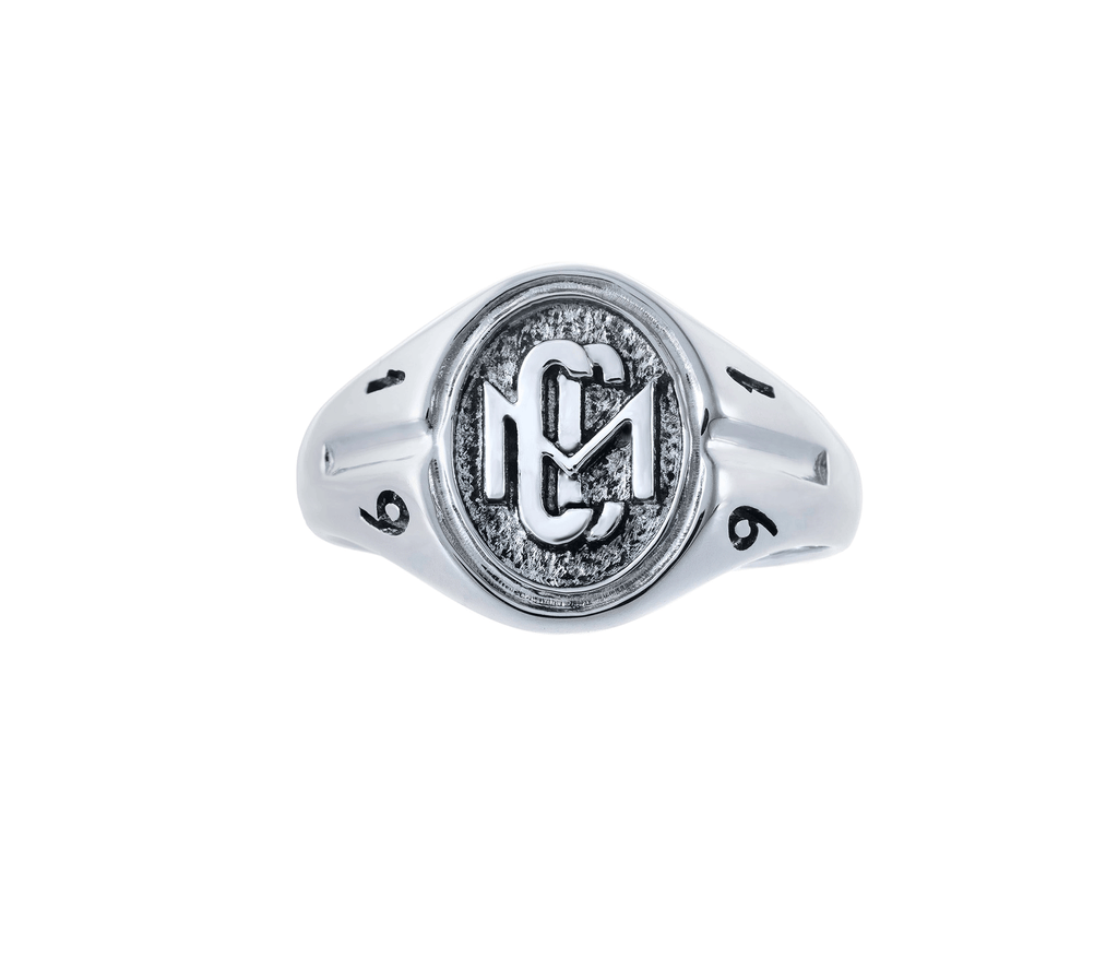 Woman's 10k White Gold CMC custom design class ring by AMD Originals with engraved 1991 year, front view.