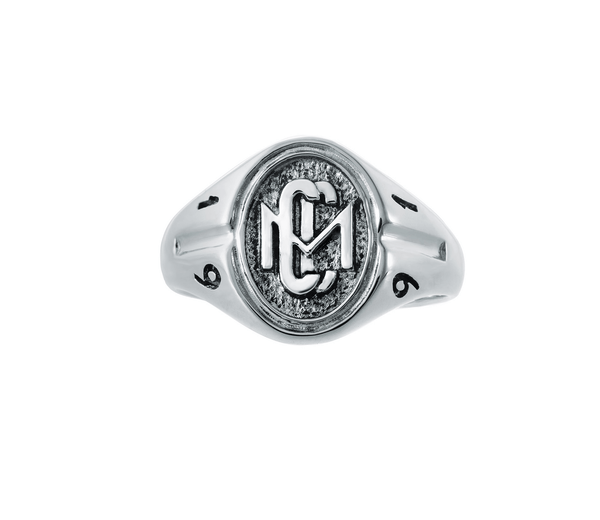 Womans Sterling Silver CMC custom design class ring by AMD Originals with engraved 1991 year, front view.