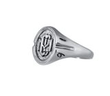 Womans Sterling Silver CMC custom design class ring by AMD Originals with engraved 1991 year, side view.